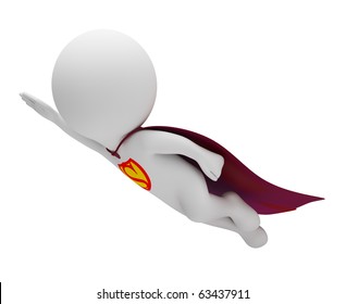 3d small people - superman in a raincoat flies. 3d image. Isolated white background.