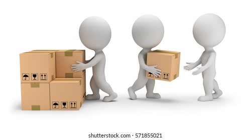 3d small people unload boxes. 3d image. White background.