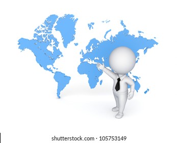 3d small person against map of the world.Isolated on white background.