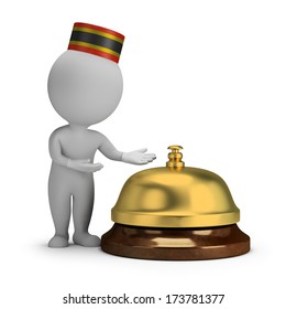3d small person - bellboy and service bell. 3d image. White background.