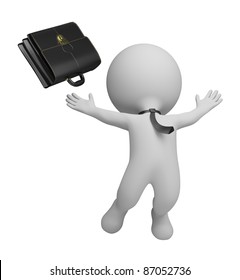 3d small person - businessman jumping with joy and threw his briefcase. 3d image. Isolated white background.
