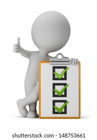 3d small person with a checklist. 3d image. White background.