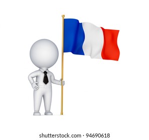 3d Small Person With A  French Flag In A Hand.Isolated On White Background.