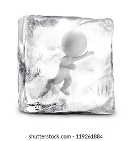 3d small person frozen in ice. 3d image. Isolated white background.