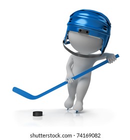 3d Small Person - The Hockey Player On The Fads With A Stick And A Helmet. 3d Image. Isolated White Background.