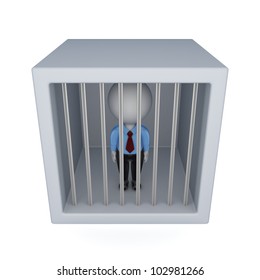 3d small person in a jail.Isolated on white background.3d rendered.
