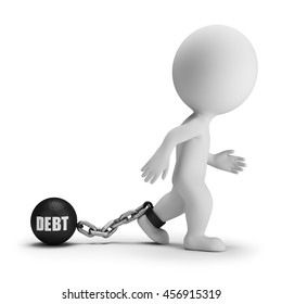 3d small person with a load of debt on the leg with the inscription. 3d image. White background.