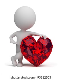 3d small person next to ruby heart. 3d image. Isolated white background.