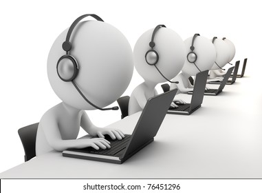 3d small person - operators sitting at laptops in ear-phones with a microphone. 3d image. Isolated white background.