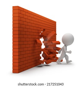 3d small person passing through a brick wall. 3d image. White background.