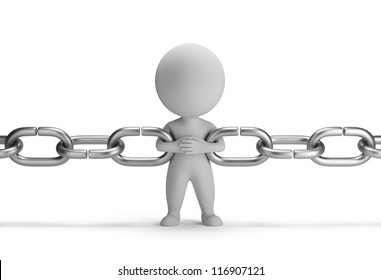 3d small person raised as a link in the chain. 3d image. Isolated white background.