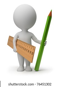 3d small person with a ruler and a green pencil. 3d image. Isolated white background.
