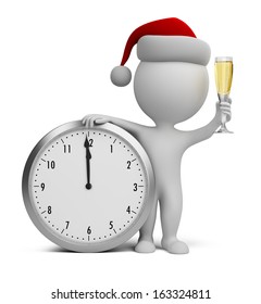 3d small person - Santa with a glass of champagne next to the clock. 3d image. White background.