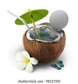 3d small person sitting in a coconut bath under an umbrella. 3d image. Isolated white background.