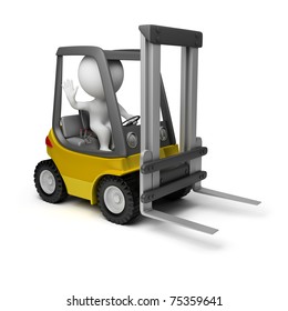 3d small person sitting in a forklift. 3d image. Isolated white background.