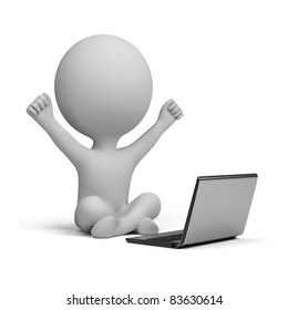 3d small person sitting next to a laptop happily raised his hands up. 3d image. Isolated white background.