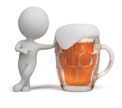 3d Small Person Standing Next To A Glass Of Beer. 3d Image. Isolated White Background.
