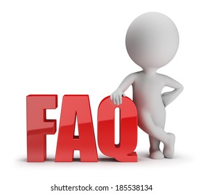 3d small person standing next to FAQ. 3d image. White background.