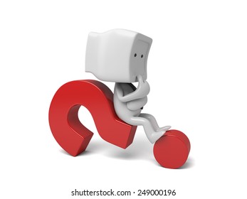 3d small person thinking with a large question mark. 3d image. Isolated white background