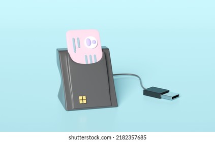 3d Smart Card Reader, External USB Card Reader, Id Card Icon Isolated On Blue Background. 3d Render Illustration