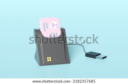 3d smart card reader, external USB card reader, Id card icon isolated on blue background. 3d render illustration