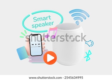 3D Smart speaker with 3D wireless connectivity, 3D music icons, and smartphone. Smart speaker for music, smart speaker for wireless streaming, smart speaker with app control.