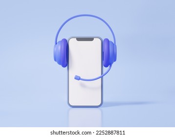 3D smartphone blank white screen with headphones call center customer service on pastel background. operator help chat mobile contact, support consultant talk concept. 3d render. illustration - Powered by Shutterstock