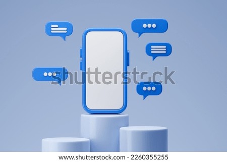 3D smartphone with chat bubble talk icons and notification on blue background. Mobile social media online concept. Chat, sms, communication, talk, message. Minimal cartoon cute. 3d illustration