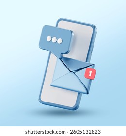 3D smartphone with a floating envelope, chat bubble, and notification badge on a light blue background. Represents a new message alert or incoming email notification.