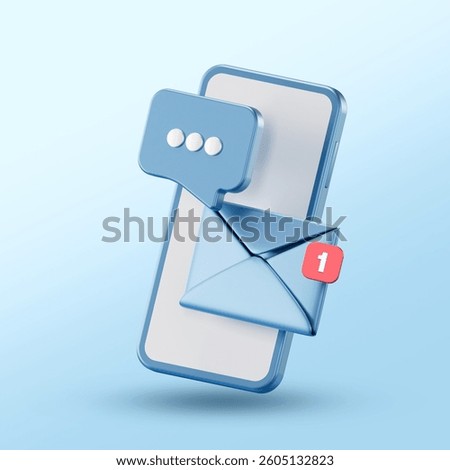 3D smartphone with a floating envelope, chat bubble, and notification badge on a light blue background. Represents a new message alert or incoming email notification.