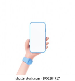 3D Smartphone Holding On Isolate White Background. Phone Screen For Template Replacement, Cartoon Hand. 3d Render Illustration.