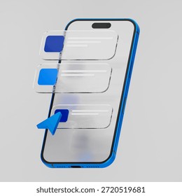 3D smartphone interface with floating notification messages and cursor pointer. Modern mobile app UI concept for messaging, push notifications, user interaction, fintech, social media and digital communication. Clean glassmorphism style isolated on light background.
