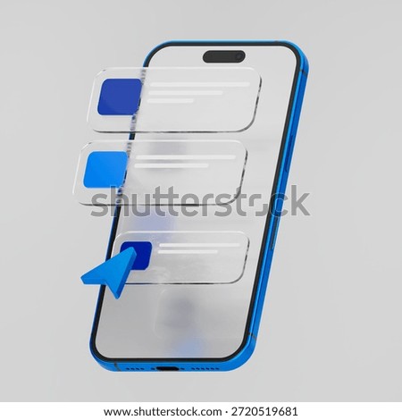 3D smartphone interface with floating notification messages and cursor pointer. Modern mobile app UI concept for messaging, push notifications, user interaction, fintech, social media and digital communication. Clean glassmorphism style isolated on light background.