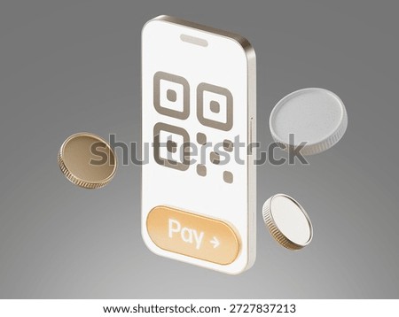 3D smartphone with QR code and floating coins depicting mobile banking and seamless digital checkout