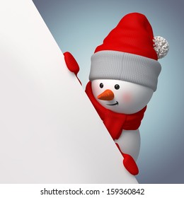 3d Smiling Snowman, Holding Blank Page Corner