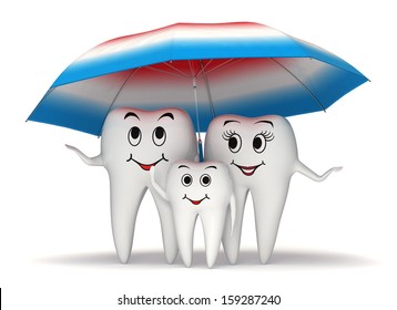 3d smiling tooth family standing under a big toothpaste coated umbrella - health protection concept