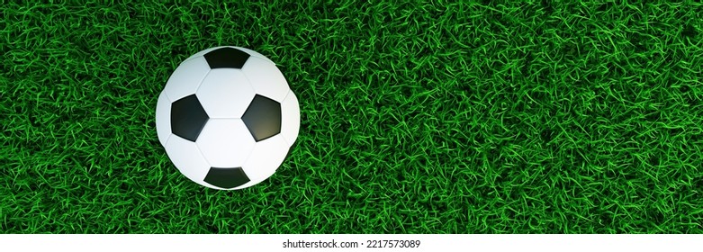 3D Soccer Ball Black And White On Green Grass Field Banner Background Turf Top View Empty Green Backyard For Sport Football Game Or Garden Decoration 