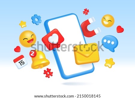 3d social media, digital marketing, online communication concept. Social network, mobile advertising and targeting  illustration. Smartphone screen with emoji, bell for notification ストックフォト © 