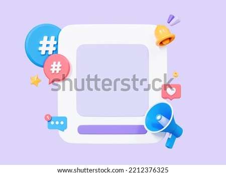 3D Social media frame post with Megaphone and Hashtag. Social network marketing and promotion. Online hype news concept. Cartoon creative design icon isolated on purple background. 3D Rendering