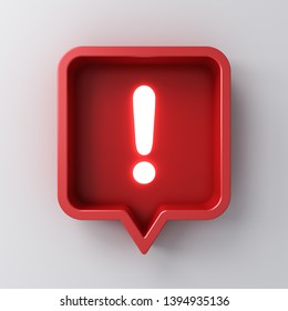 3d social media notification neon light Exclamation mark icon in red rounded square pin isolated on white background with shadow 3D rendering