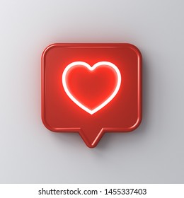 3d Social Media Notification Neon Light Love Like Heart Icon In Red Rounded Square Pin Isolated On White Wall Background With Shadow 3D Rendering