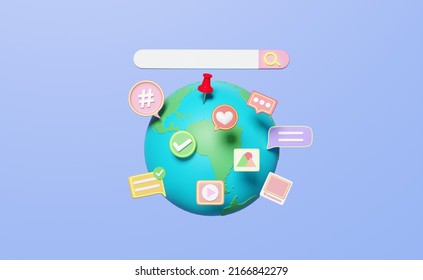 3d Social Media On Earth With Chat Bubbles, Search Bar Isolated On Blue Background. Online Social, Communication Applications Seo Concept, 3d Render Illustration