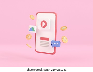 3d Social Media On Smart Phone On Pink Background. Photo Gallery,video With Message On Mobile Application. Income Working Online. Interface App Icon. 3d Render Illustration Minimal Style.