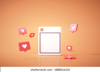 3D Social Media With Photo Frame, Like Button On Yellow Background Illustration.