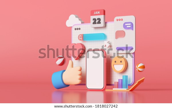 3D Social media\
platform, online social communication applications concept, emoji,\
webpage, search icons, chat and chart with smartphone background.\
3d illustration