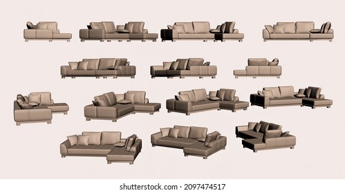 3d Sofa Model Set From Different Angles To Use In Animation Movie, Vfx, And Movie Post Production Projects, Matte Painting Of Sofa