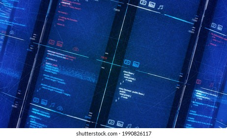 3d software base with codes. Animation. Projection of software with database in 3d cells. Futuristic animation with program codes and codes