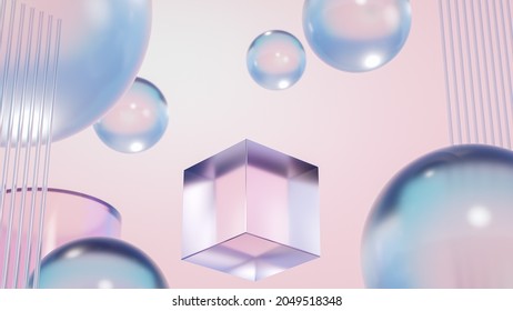 3D Solid Geometry Purple Glass Fashion Products Booth Pink Background Circular Cube Sphere Gradient