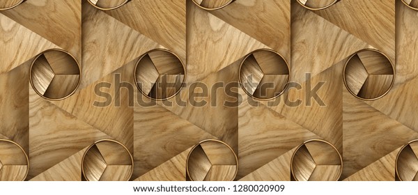 3D solid wood triangle tiles with golden decor elements. Material wood nut. High quality seamless realistic texture.