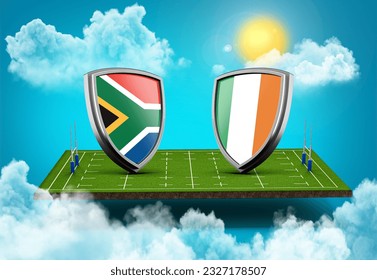 3d South Africa Versus Ireland Shield Icons On Rugby Stadium With Green Grass Field, 3d illustration - Powered by Shutterstock